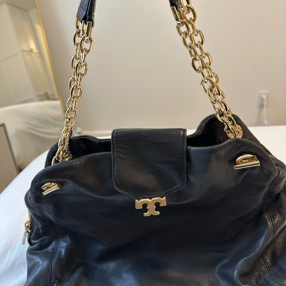 Tory Burch Black and Gold Structured Shoulder Bag